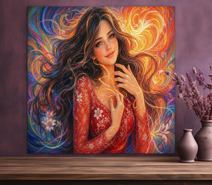 Framed canvas- vibrant colours abstract portrait beautiful brunette girl original artwork, dark hair beautiful woman, artistic colourful drawing unique print wall art