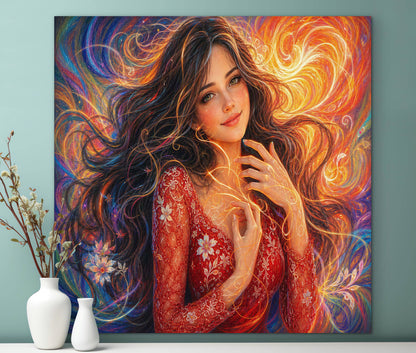 Framed canvas- vibrant colours abstract portrait beautiful brunette girl original artwork, dark hair beautiful woman, artistic colourful drawing unique print wall art