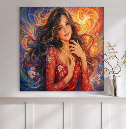 Framed canvas- vibrant colours abstract portrait beautiful brunette girl original artwork, dark hair beautiful woman, artistic colourful drawing unique print wall art