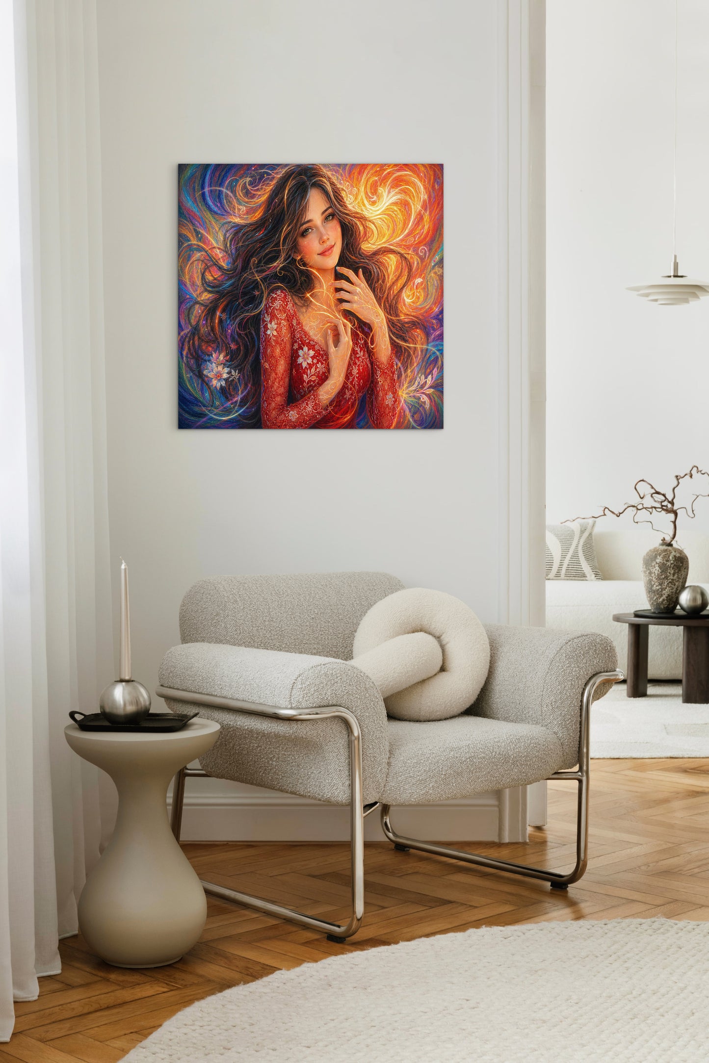 Framed canvas- vibrant colours abstract portrait beautiful brunette girl original artwork, dark hair beautiful woman, artistic colourful drawing unique print wall art