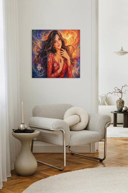 Framed canvas- vibrant colours abstract portrait beautiful brunette girl original artwork, dark hair beautiful woman, artistic colourful drawing unique print wall art
