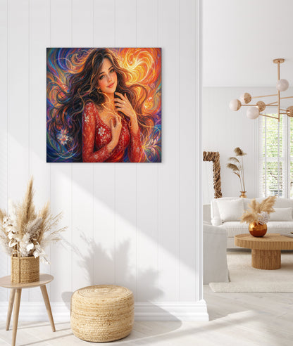 Framed canvas- vibrant colours abstract portrait beautiful brunette girl original artwork, dark hair beautiful woman, artistic colourful drawing unique print wall art