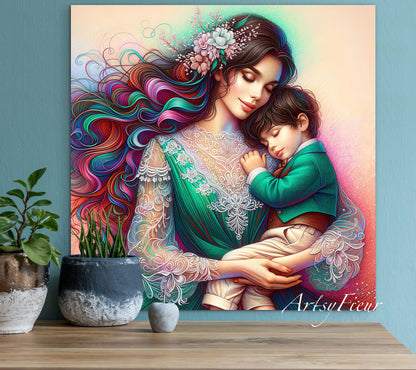 Framed canvas- ready to hang wall art print, colourful drawing abstract portrait mother and son, green vibrant colours, dark hair brunette beautiful women, mum and baby boy, motherhood, mothers day gift, unique original artwork, one of a kind.