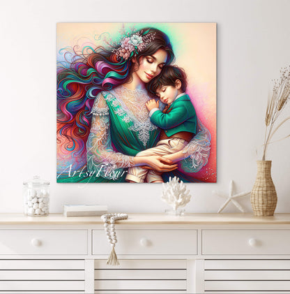 Framed canvas- ready to hang wall art print, colourful drawing abstract portrait mother and son, green vibrant colours, dark hair brunette beautiful women, mum and baby boy, motherhood, mothers day gift, unique original artwork, one of a kind.