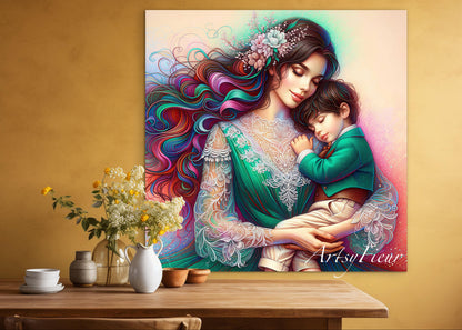 Framed canvas- ready to hang wall art print, colourful drawing abstract portrait mother and son, green vibrant colours, dark hair brunette beautiful women, mum and baby boy, motherhood, mothers day gift, unique original artwork, one of a kind.
