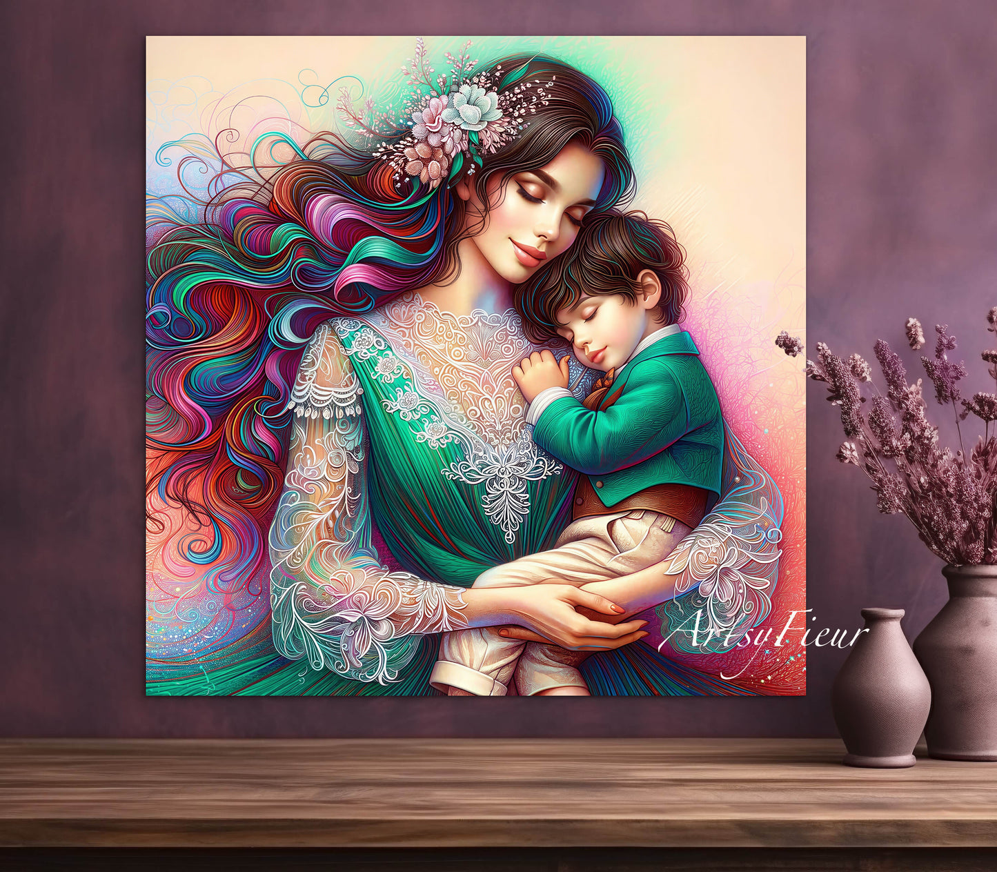 Framed canvas- ready to hang wall art print, colourful drawing abstract portrait mother and son, green vibrant colours, dark hair brunette beautiful women, mum and baby boy, motherhood, mothers day gift, unique original artwork, one of a kind.