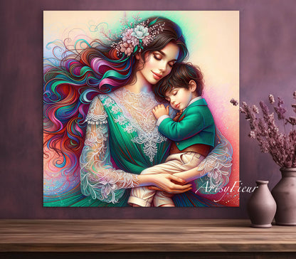 Framed canvas- ready to hang wall art print, colourful drawing abstract portrait mother and son, green vibrant colours, dark hair brunette beautiful women, mum and baby boy, motherhood, mothers day gift, unique original artwork, one of a kind.