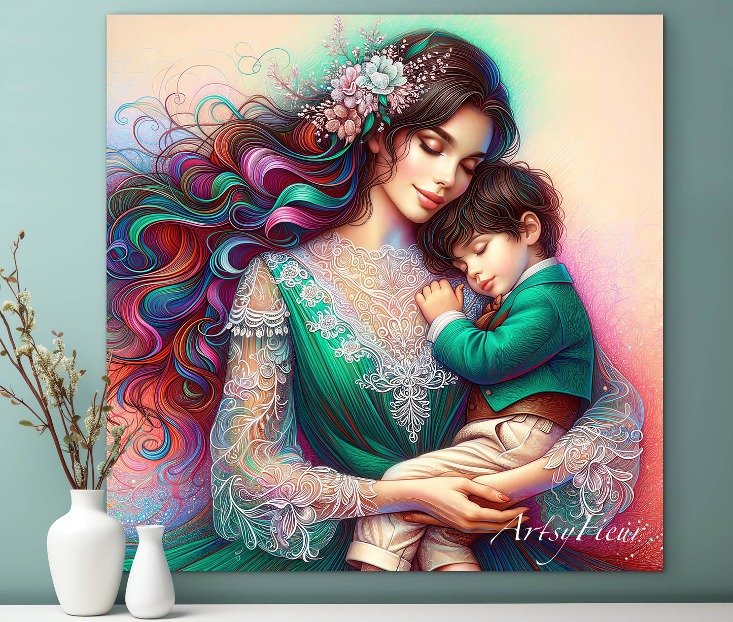 Framed canvas- ready to hang wall art print, colourful drawing abstract portrait mother and son, green vibrant colours, dark hair brunette beautiful women, mum and baby boy, motherhood, mothers day gift, unique original artwork, one of a kind.