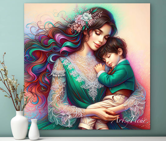 Framed canvas- ready to hang wall art print, colourful drawing abstract portrait mother and son, green vibrant colours, dark hair brunette beautiful women, mum and baby boy, motherhood, mothers day gift, unique original artwork, one of a kind.