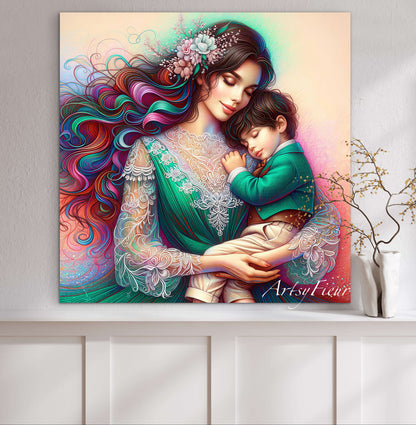 Framed canvas- ready to hang wall art print, colourful drawing abstract portrait mother and son, green vibrant colours, dark hair brunette beautiful women, mum and baby boy, motherhood, mothers day gift, unique original artwork, one of a kind.