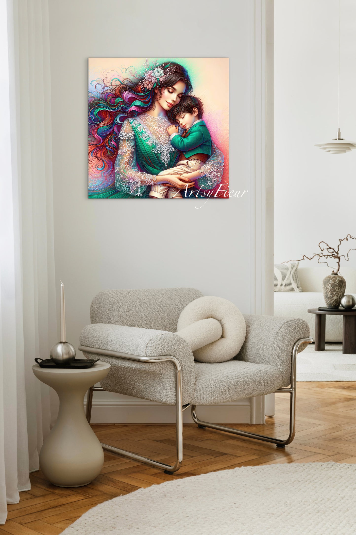 Framed canvas- ready to hang wall art print, colourful drawing abstract portrait mother and son, green vibrant colours, dark hair brunette beautiful women, mum and baby boy, motherhood, mothers day gift, unique original artwork, one of a kind.