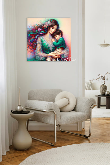 Framed canvas- ready to hang wall art print, colourful drawing abstract portrait mother and son, green vibrant colours, dark hair brunette beautiful women, mum and baby boy, motherhood, mothers day gift, unique original artwork, one of a kind.