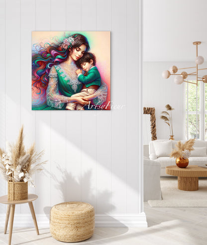 Framed canvas- ready to hang wall art print, colourful drawing abstract portrait mother and son, green vibrant colours, dark hair brunette beautiful women, mum and baby boy, motherhood, mothers day gift, unique original artwork, one of a kind.
