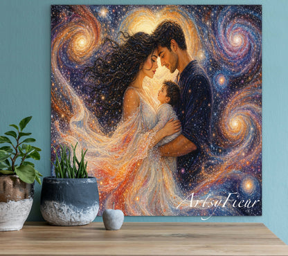 Framed Canvas Beautiful abstract portrait family mother and son vibrant colours whimsical lights universe love soulmates wall art ready to hang