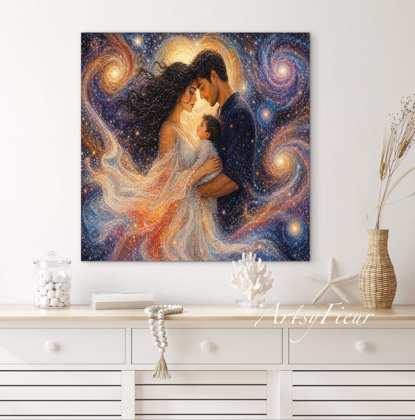 Framed Canvas Beautiful abstract portrait family mother and son vibrant colours whimsical lights universe love soulmates wall art ready to hang