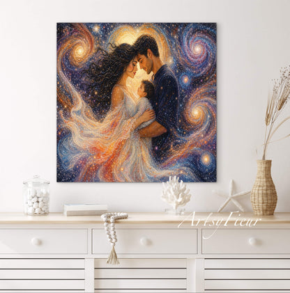 Framed Canvas Beautiful abstract portrait family mother and son vibrant colours whimsical lights universe love soulmates wall art ready to hang