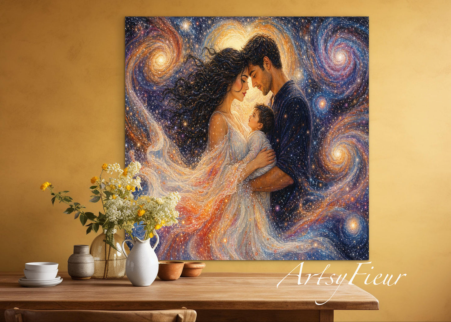 Framed Canvas Beautiful abstract portrait family mother and son vibrant colours whimsical lights universe love soulmates wall art ready to hang