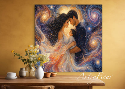 Framed Canvas Beautiful abstract portrait family mother and son vibrant colours whimsical lights universe love soulmates wall art ready to hang