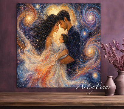 Framed Canvas Beautiful abstract portrait family mother and son vibrant colours whimsical lights universe love soulmates wall art ready to hang