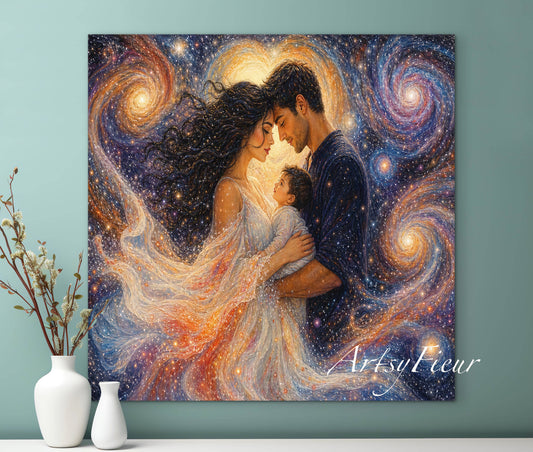 Framed Canvas Beautiful abstract portrait family mother and son vibrant colours whimsical lights universe love soulmates wall art ready to hang