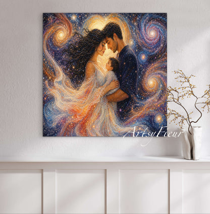 Framed Canvas Beautiful abstract portrait family mother and son vibrant colours whimsical lights universe love soulmates wall art ready to hang