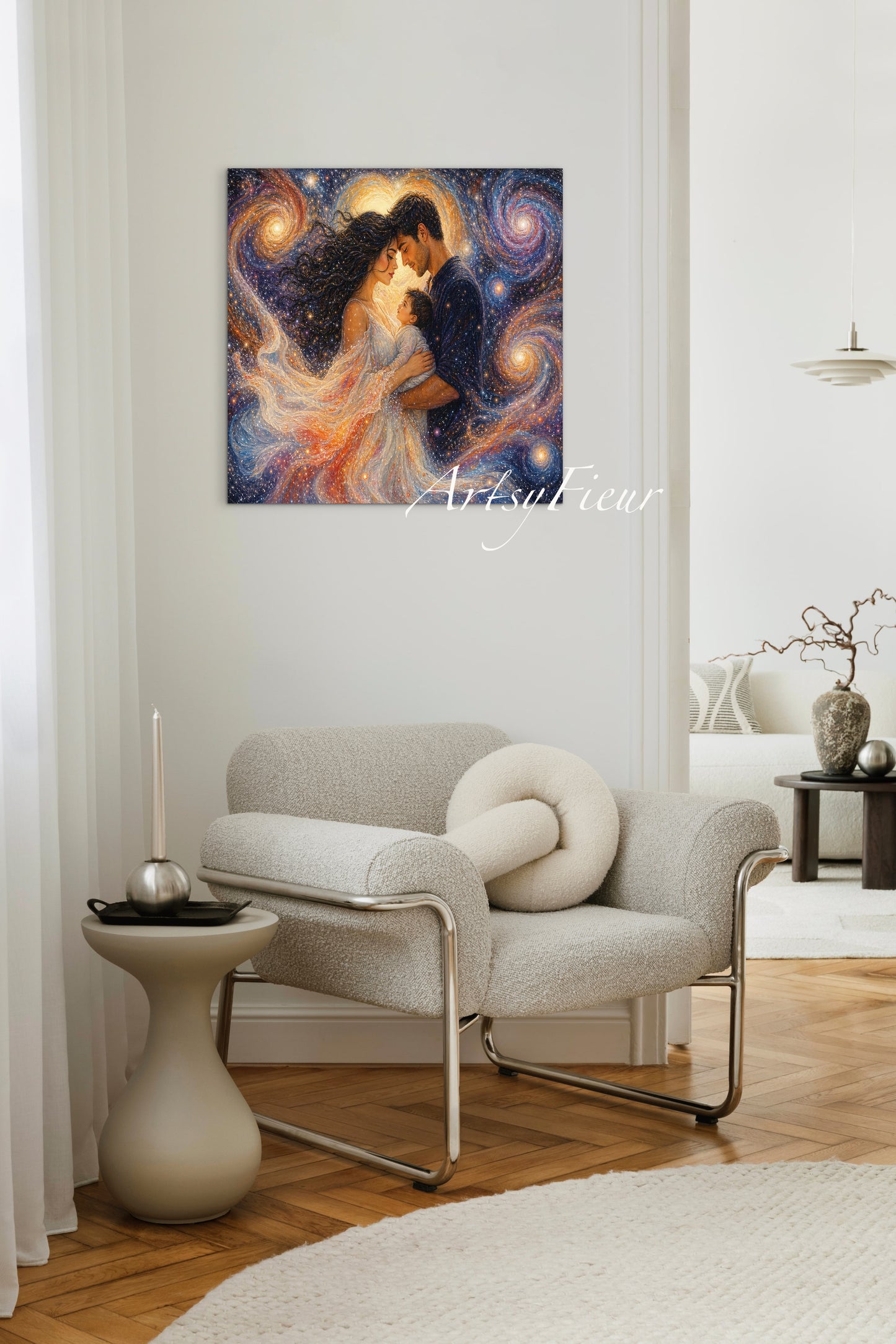 Framed Canvas Beautiful abstract portrait family mother and son vibrant colours whimsical lights universe love soulmates wall art ready to hang
