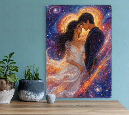 Framed canvas- ready to hang wall art print, vibrant colours abstract lovers portrait, soulmates in the universe, engagement wedding gift, him and her, brunette dark hair, celebrating love valentines day gift, original artwork unique, one of a kind