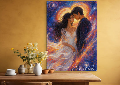 Framed canvas- ready to hang wall art print, vibrant colours abstract lovers portrait, soulmates in the universe, engagement wedding gift, him and her, brunette dark hair, celebrating love valentines day gift, original artwork unique, one of a kind