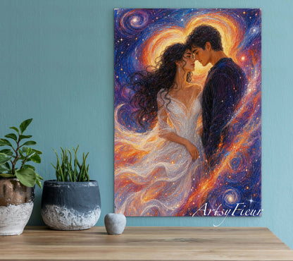 Framed canvas- ready to hang wall art print, vibrant colours abstract lovers portrait, soulmates in the universe, engagement wedding gift, him and her, brunette dark hair, celebrating love valentines day gift, original artwork unique, one of a kind