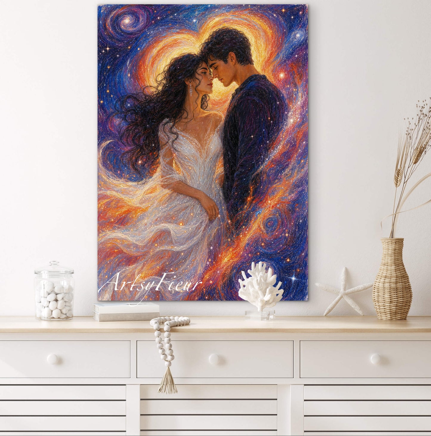 Framed canvas- ready to hang wall art print, vibrant colours abstract lovers portrait, soulmates in the universe, engagement wedding gift, him and her, brunette dark hair, celebrating love valentines day gift, original artwork unique, one of a kind
