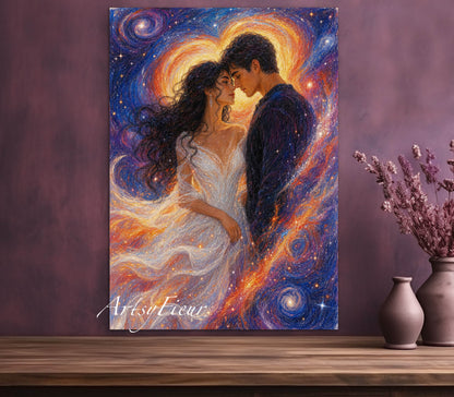 Framed canvas- ready to hang wall art print, vibrant colours abstract lovers portrait, soulmates in the universe, engagement wedding gift, him and her, brunette dark hair, celebrating love valentines day gift, original artwork unique, one of a kind