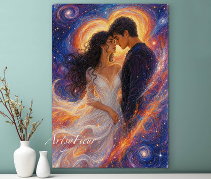 Framed canvas- ready to hang wall art print, vibrant colours abstract lovers portrait, soulmates in the universe, engagement wedding gift, him and her, brunette dark hair, celebrating love valentines day gift, original artwork unique, one of a kind