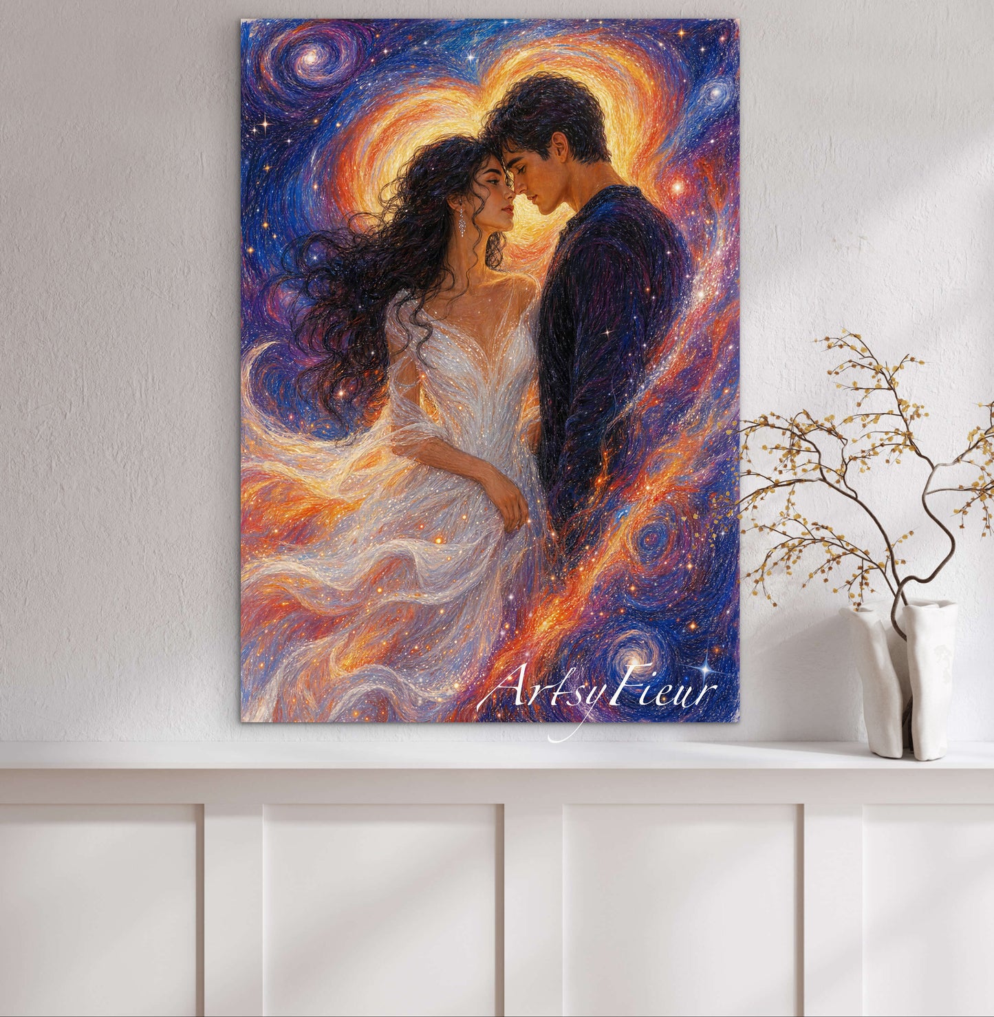 Framed canvas- ready to hang wall art print, vibrant colours abstract lovers portrait, soulmates in the universe, engagement wedding gift, him and her, brunette dark hair, celebrating love valentines day gift, original artwork unique, one of a kind