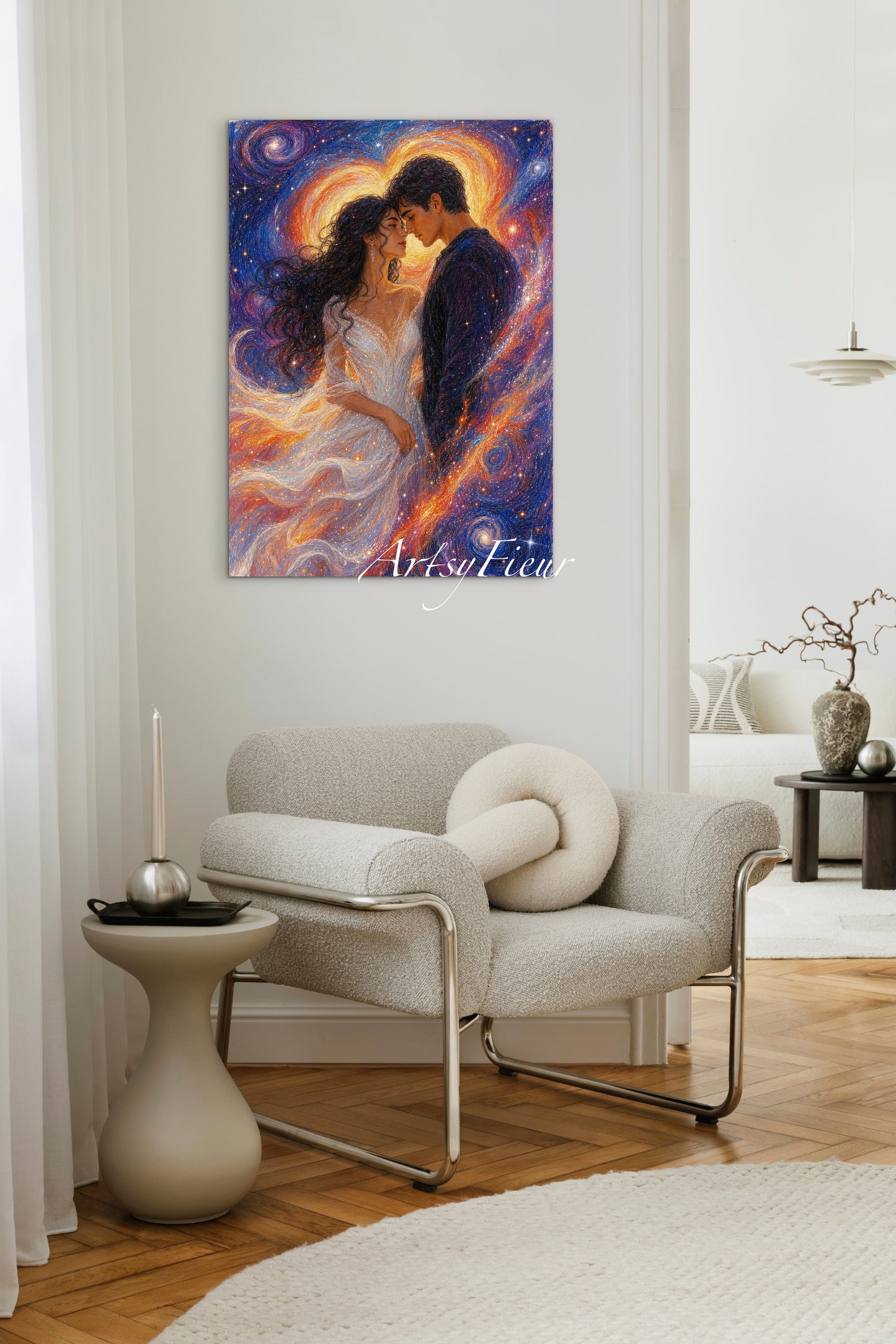 Framed canvas- ready to hang wall art print, vibrant colours abstract lovers portrait, soulmates in the universe, engagement wedding gift, him and her, brunette dark hair, celebrating love valentines day gift, original artwork unique, one of a kind