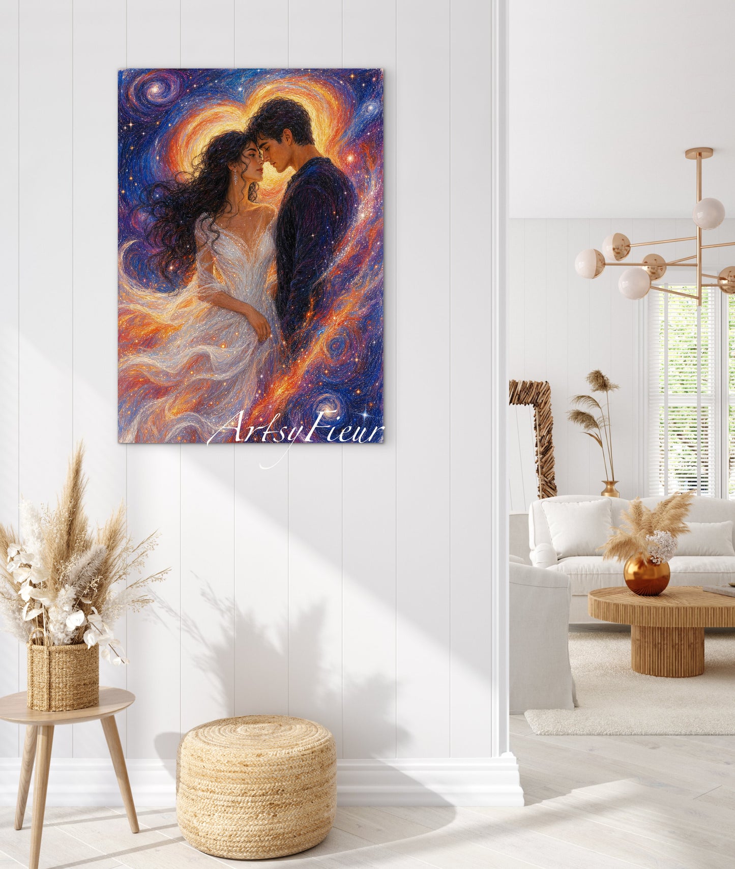 Framed canvas- ready to hang wall art print, vibrant colours abstract lovers portrait, soulmates in the universe, engagement wedding gift, him and her, brunette dark hair, celebrating love valentines day gift, original artwork unique, one of a kind