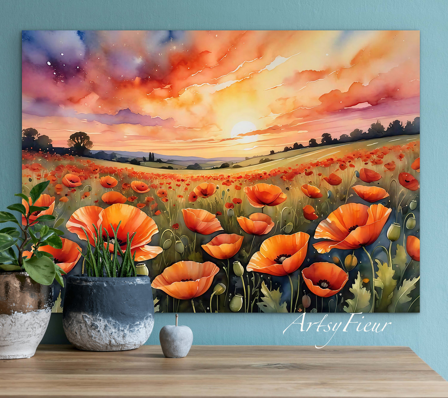 Framed canvas- ready to hand wall art print, beautiful vibrant colours watercolour fantasy painting poppy field at sunset flowers , floral field landscape, unique gift,  one of a kind original artwork
