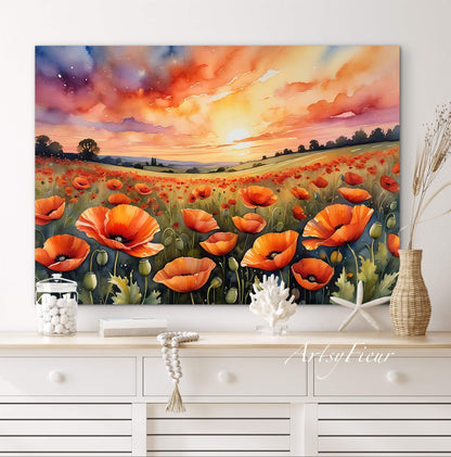 Framed canvas- ready to hand wall art print, beautiful vibrant colours watercolour fantasy painting poppy field at sunset flowers , floral field landscape, unique gift,  one of a kind original artwork