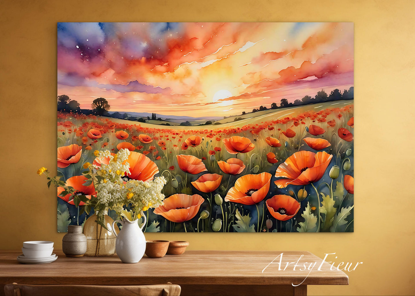 Framed canvas- ready to hand wall art print, beautiful vibrant colours watercolour fantasy painting poppy field at sunset flowers , floral field landscape, unique gift,  one of a kind original artwork