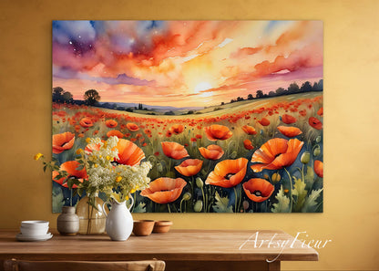 Framed canvas- ready to hand wall art print, beautiful vibrant colours watercolour fantasy painting poppy field at sunset flowers , floral field landscape, unique gift,  one of a kind original artwork