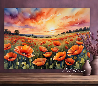 Framed canvas- ready to hand wall art print, beautiful vibrant colours watercolour fantasy painting poppy field at sunset flowers , floral field landscape, unique gift,  one of a kind original artwork