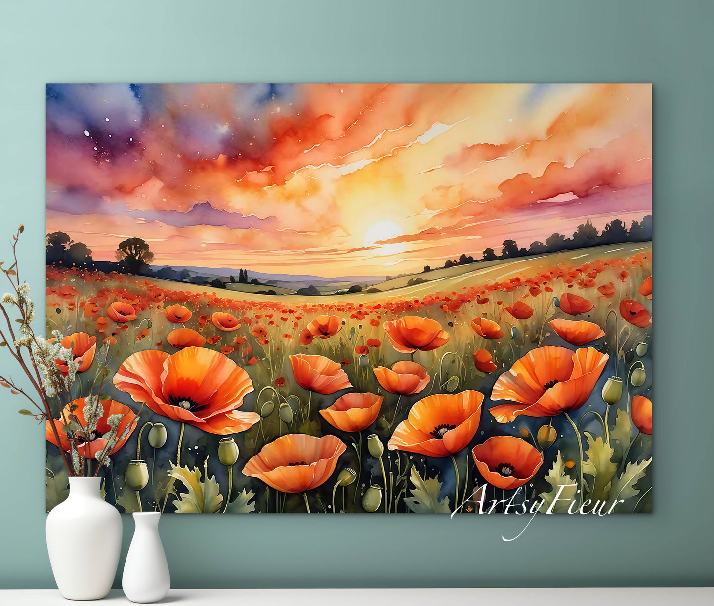 Framed canvas- ready to hand wall art print, beautiful vibrant colours watercolour fantasy painting poppy field at sunset flowers , floral field landscape, unique gift,  one of a kind original artwork