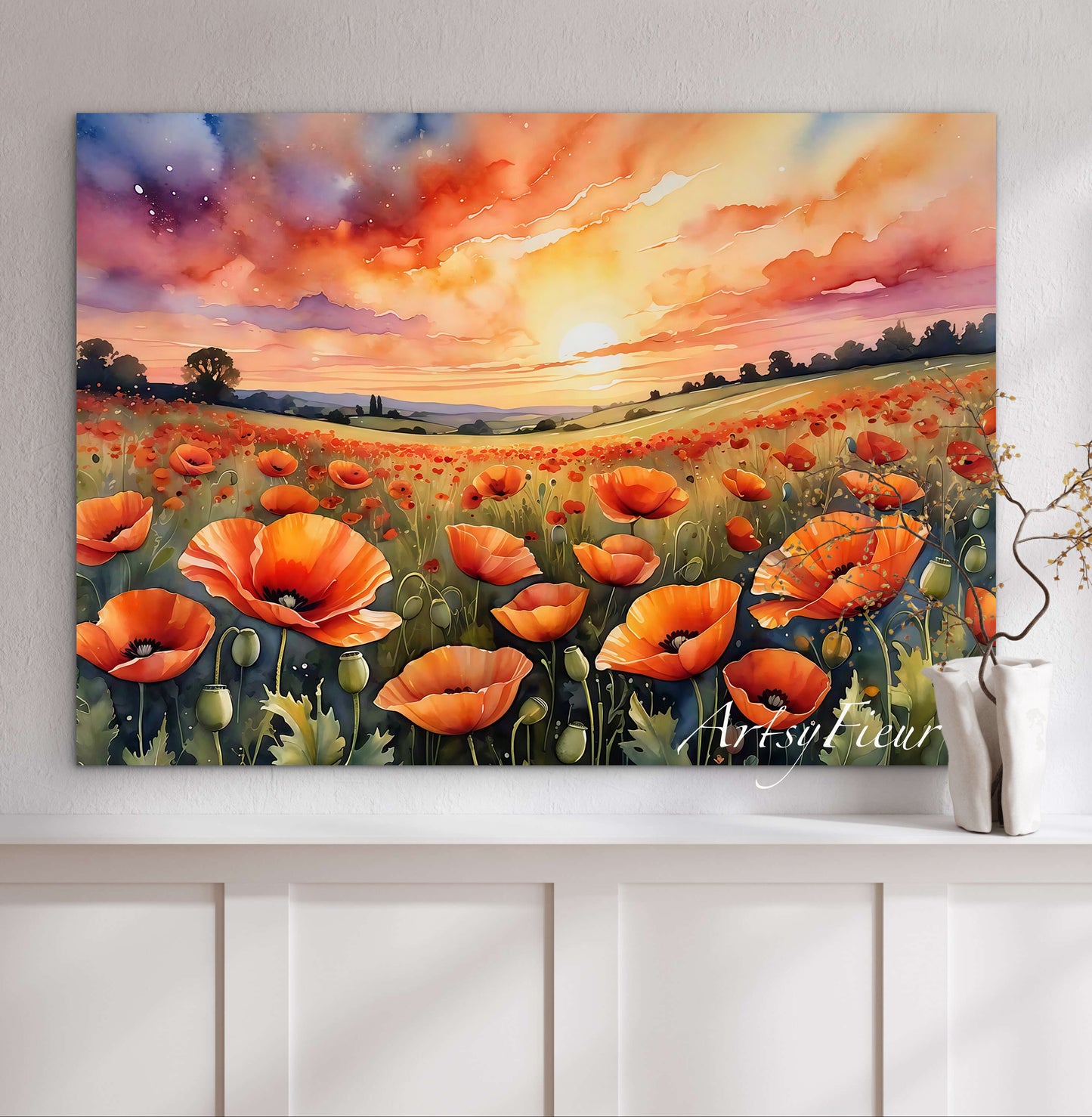 Framed canvas- ready to hand wall art print, beautiful vibrant colours watercolour fantasy painting poppy field at sunset flowers , floral field landscape, unique gift,  one of a kind original artwork