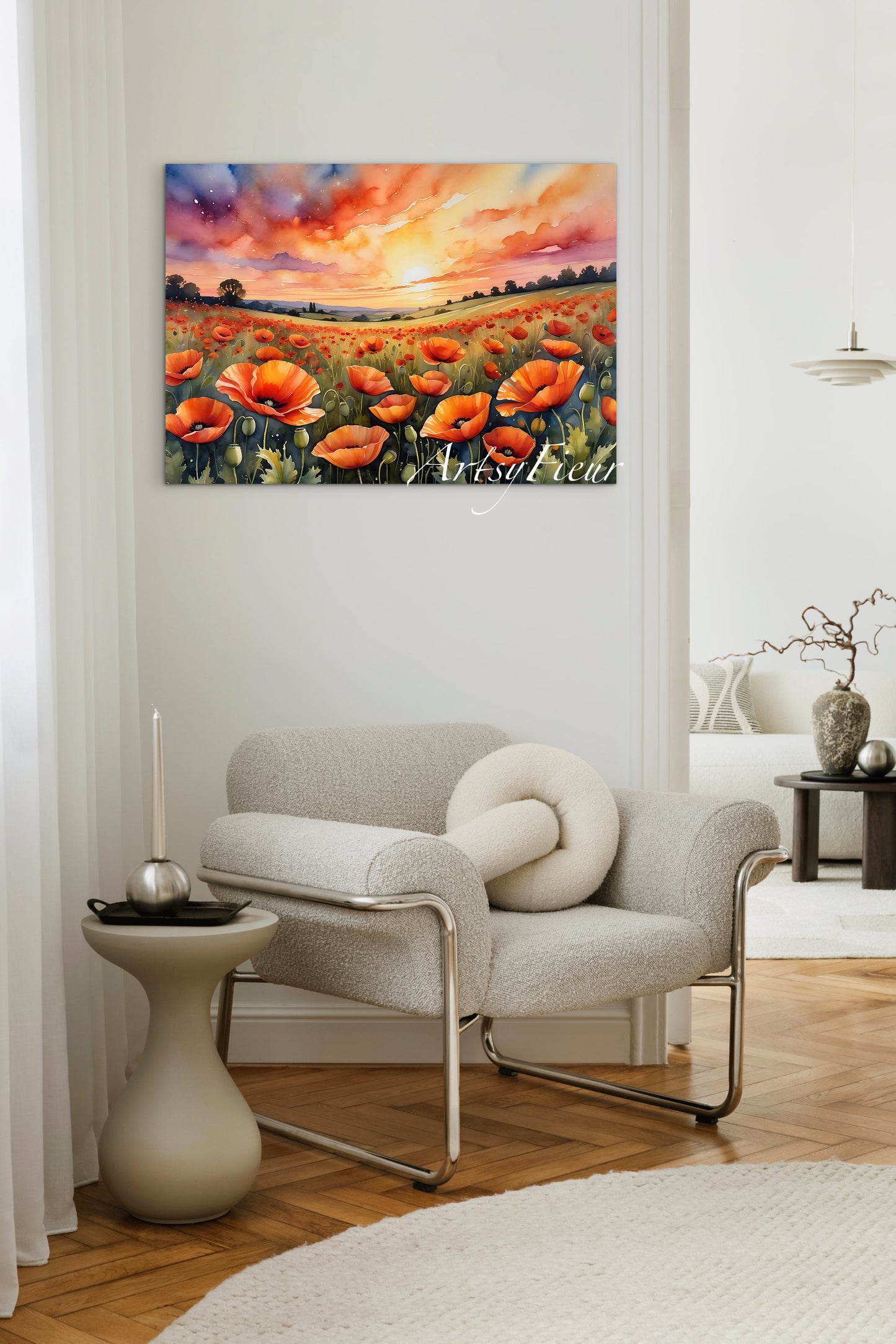 Framed canvas- ready to hand wall art print, beautiful vibrant colours watercolour fantasy painting poppy field at sunset flowers , floral field landscape, unique gift,  one of a kind original artwork