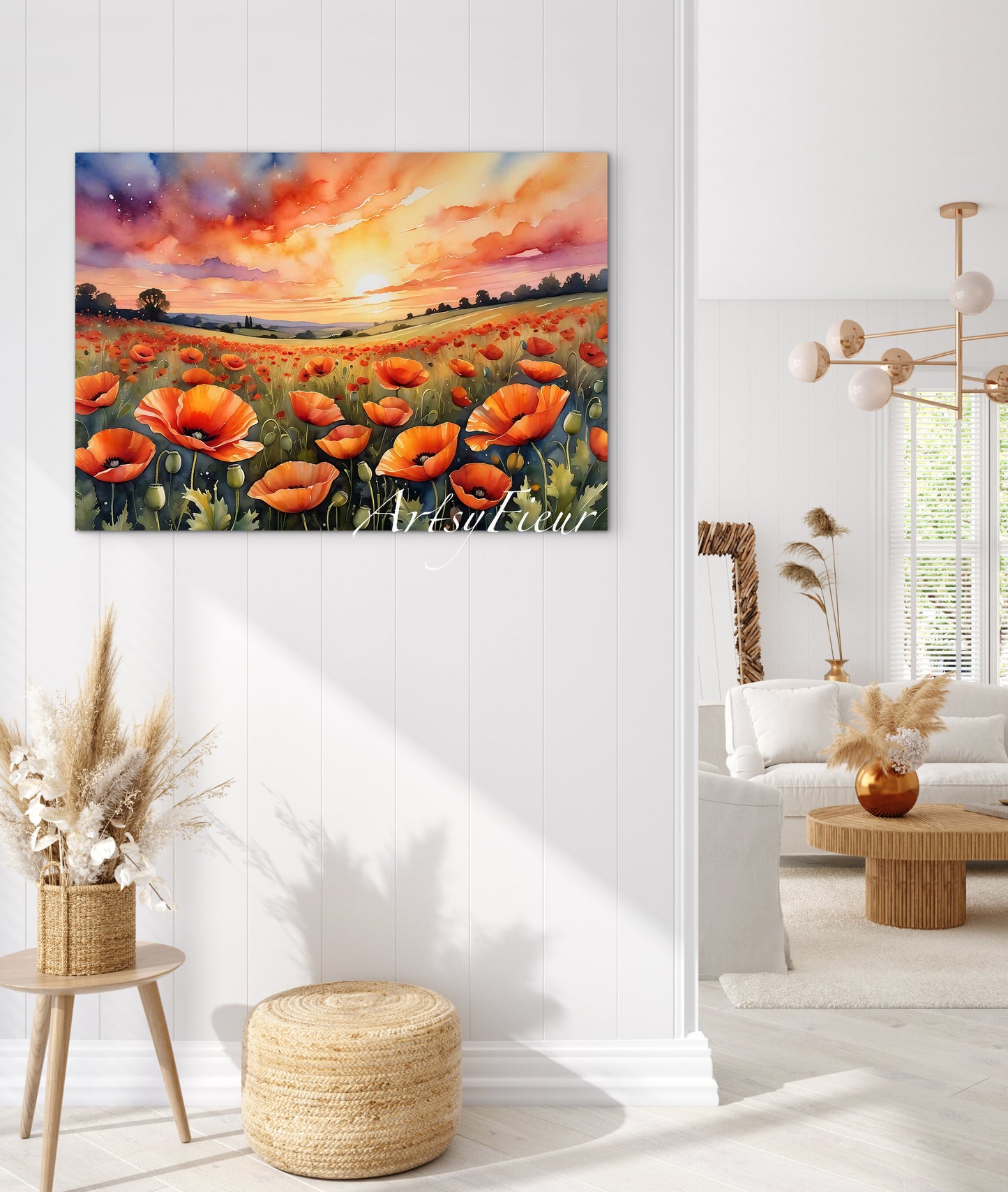 Framed canvas- ready to hand wall art print, beautiful vibrant colours watercolour fantasy painting poppy field at sunset flowers , floral field landscape, unique gift,  one of a kind original artwork