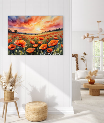 Framed canvas- ready to hand wall art print, beautiful vibrant colours watercolour fantasy painting poppy field at sunset flowers , floral field landscape, unique gift,  one of a kind original artwork
