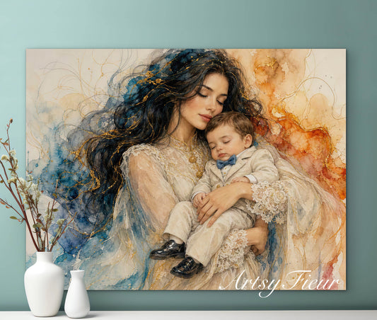 Framed canvas- ready to hang wall art print, vibrant colours crayon drawing abstract portrait mother and son, mother and baby boy, dark hair beautiful brunette woman, mothers day gilt, unique original artwork