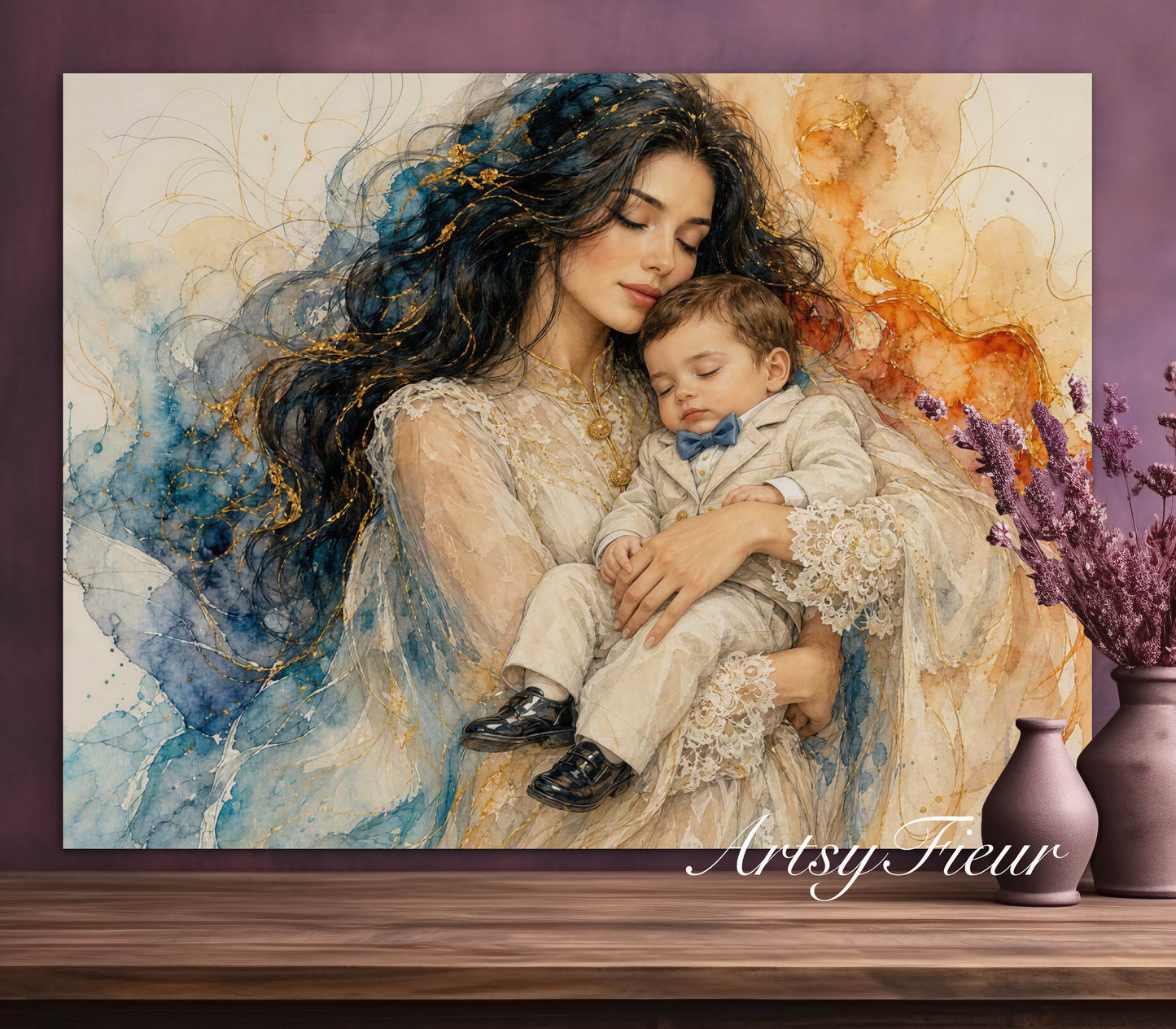 Framed canvas- ready to hang wall art print, vibrant colours crayon drawing abstract portrait mother and son, mother and baby boy, dark hair beautiful brunette woman, mothers day gilt, unique original artwork