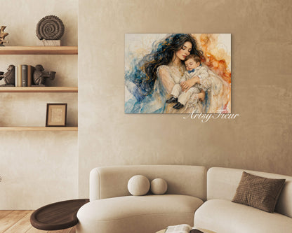 Framed canvas- ready to hang wall art print, vibrant colours crayon drawing abstract portrait mother and son, mother and baby boy, dark hair beautiful brunette woman, mothers day gilt, unique original artwork