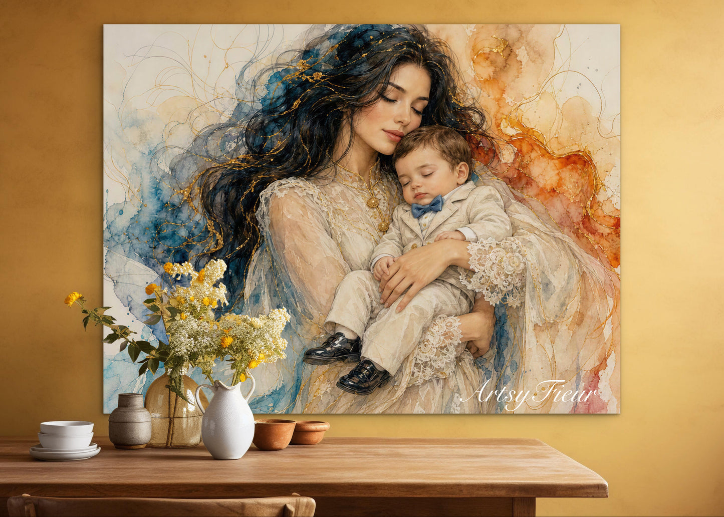 Framed canvas- ready to hang wall art print, vibrant colours crayon drawing abstract portrait mother and son, mother and baby boy, dark hair beautiful brunette woman, mothers day gilt, unique original artwork