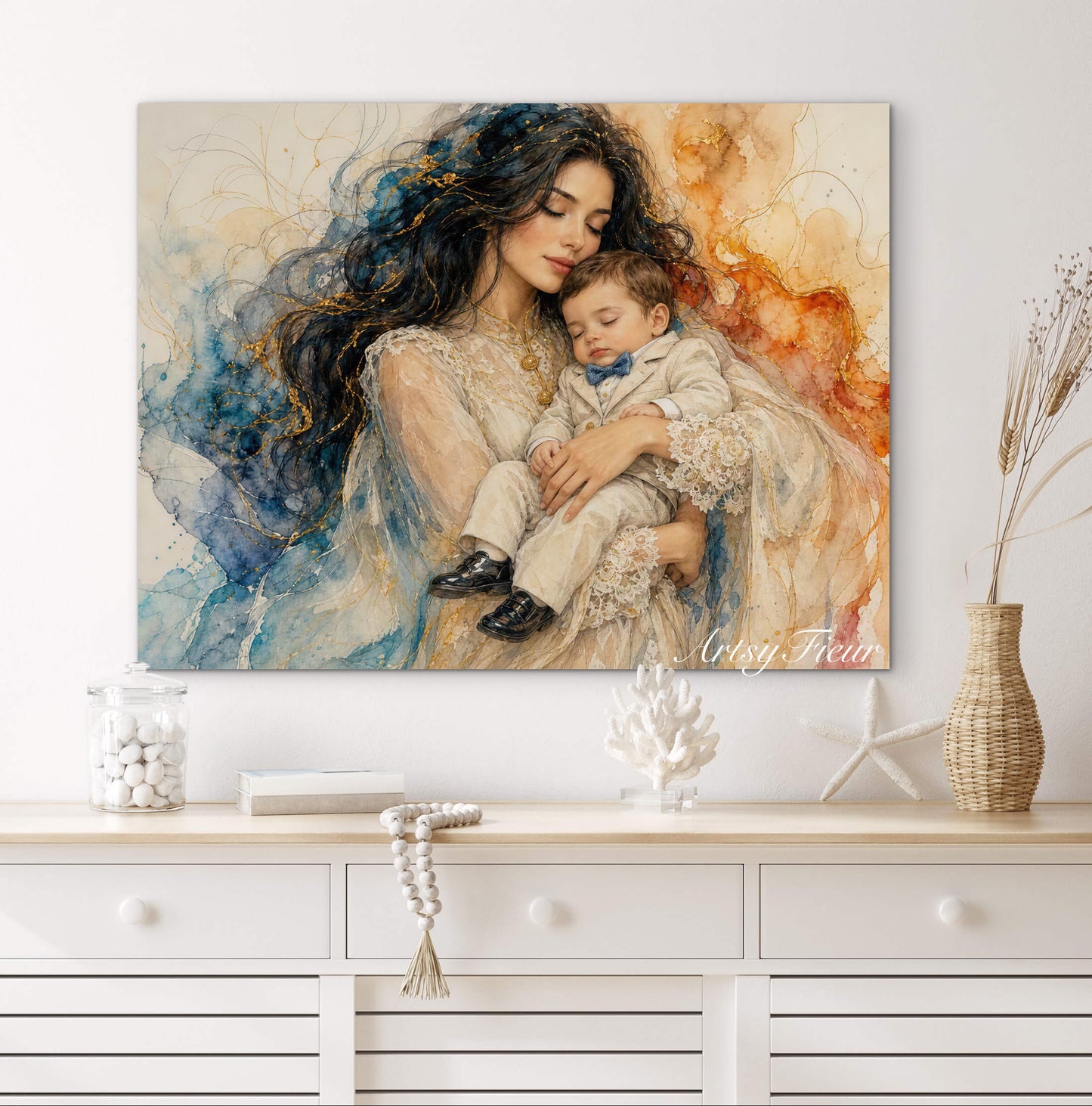 Framed canvas- ready to hang wall art print, vibrant colours crayon drawing abstract portrait mother and son, mother and baby boy, dark hair beautiful brunette woman, mothers day gilt, unique original artwork